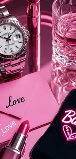 Pink glamour wallpaper with watch, lipstick, and neon sign.