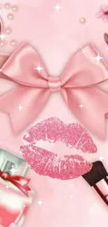 Glamorous pink phone wallpaper with bow and lipstick design.