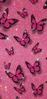 Pink glitter wallpaper with butterflies.