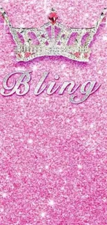 Pink glitter wallpaper with a sparkling crown design and the word 'Bling'.