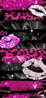 Pink and black wallpaper with glitter lips.