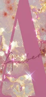 Pink glittery wallpaper with gold marble effect and a large letter A.