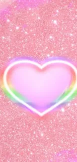 Pink glitter wallpaper with a glowing rainbow heart.