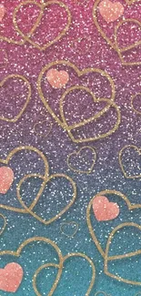 Pink glitter hearts on gradient background wallpaper.