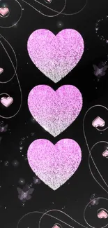 Pink glitter heart wallpaper with butterflies.