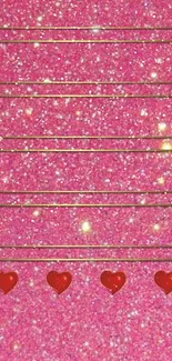 Pink glitter phone wallpaper with red hearts.