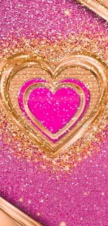 Pink glitter heart wallpaper with gold accents.