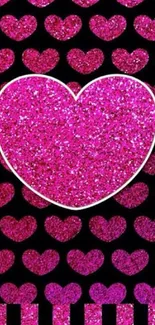 Pink glitter heart on black mobile wallpaper.