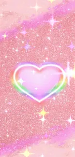 Pink glitter heart wallpaper with rainbow glow for mobile phone.