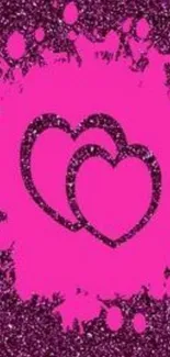 Vibrant pink glitter wallpaper with heart designs.