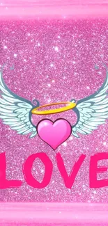 Pink glitter wallpaper with love heart and wings.