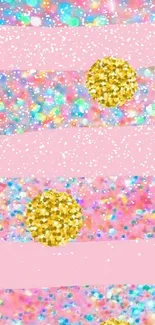 Pink glitter wallpaper with gold accents and vibrant sparkle effect.