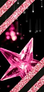 Pink glitter star with black striped background.