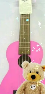 Pink guitar with teddy bear and musical notes wallpaper.