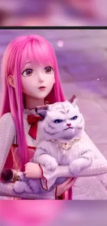 Anime girl with pink hair holding a fluffy cat.