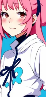 Anime character with pink hair in a white hoodie on a blue background.