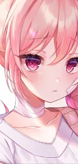 Anime girl with pink hair and captivating eyes in a pastel-colored artwork.