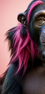 Chimpanzee with bright pink hair on a soft pink background.