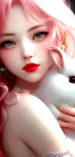 Anime girl with pink hair holding a white bunny in charming style.