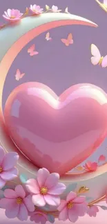 Pink heart with blossoms and butterflies wallpaper.