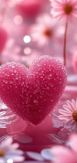 A pink heart surrounded by daisies in a romantic scene.