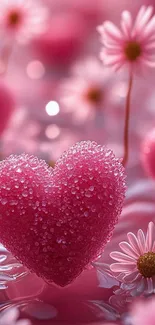 Pink heart surrounded by daisies in a dreamy setting.