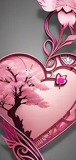 Pink heart and flower design wallpaper.