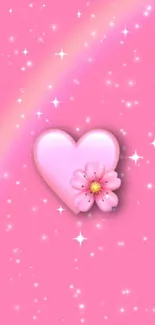 A pink wallpaper with a heart and flower design.