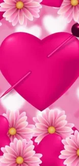 Bright pink heart and flowers mobile wallpaper.