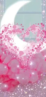 Dreamy pink heart and moon mobile wallpaper with sparkling stars.