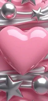 Glossy pink heart with metallic stars; mobile wallpaper design.