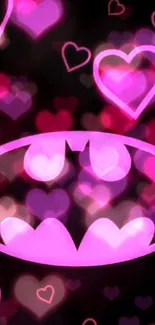 Pink symbol with heart shapes on a black background wallpaper.