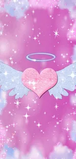 Pink heart with angel wings on a dreamy celestial background.