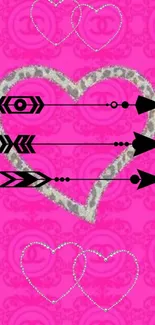 Pink heart wallpaper with arrows and leopard print detail.