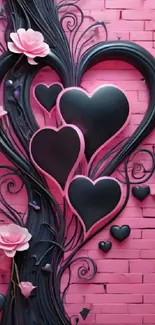 Pink and black heart-themed wallpaper with floral accents on a brick background.