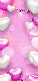 Mobile wallpaper with pink and white heart balloons.