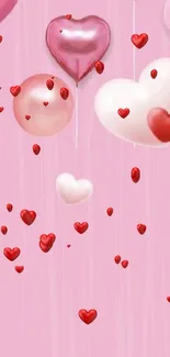 Pink wallpaper with floating heart-shaped balloons.