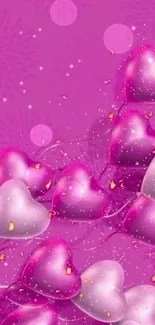 Pink heart-shaped balloons on a vibrant background.