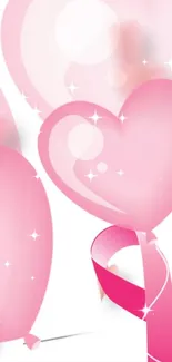 Pink heart-shaped balloons on a white background with sparkles.