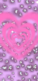 Pink heart with butterflies on lavender background wallpaper.