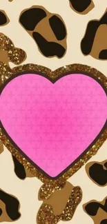 Pink heart with gold glitter on a cheetah print background.