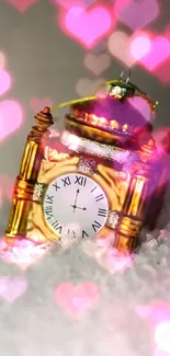 Elegant clock with pink hearts mobile wallpaper.