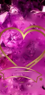 Vibrant pink crystal wallpaper with golden heart design.