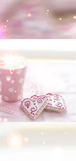 Pink mug and heart cookies with dreamy effects.