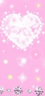 Pink heart diamond wallpaper with sparkling stars.