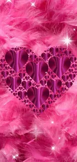 Mobile wallpaper with pink feather heart design.