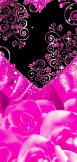 Pink heart and roses floral wallpaper with glittering swirls.