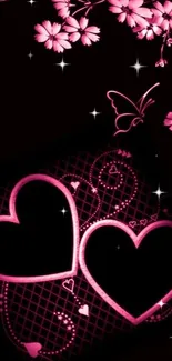 Pink heart and floral design wallpaper with black background