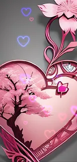 Pink heart with cherry blossom floral design on mobile wallpaper.