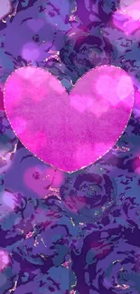 Pink heart with purple floral background.